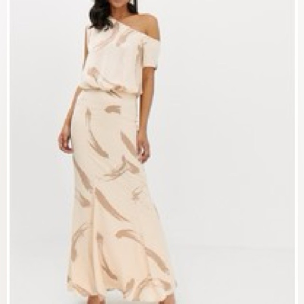 ASOS DESIGN One Shoulder Satin Drape Maxi Dress In Brush Stroke Print